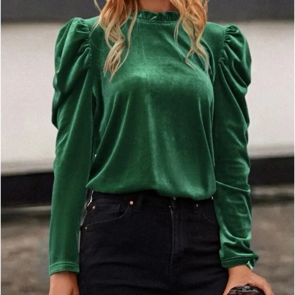 Green velvet frill neck top - Picture 6 of 7